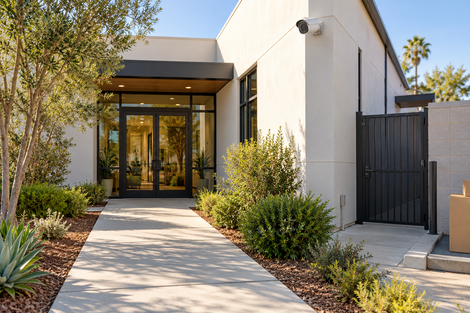 Conceptual property entrance with a side gate, approach path, and exterior camera