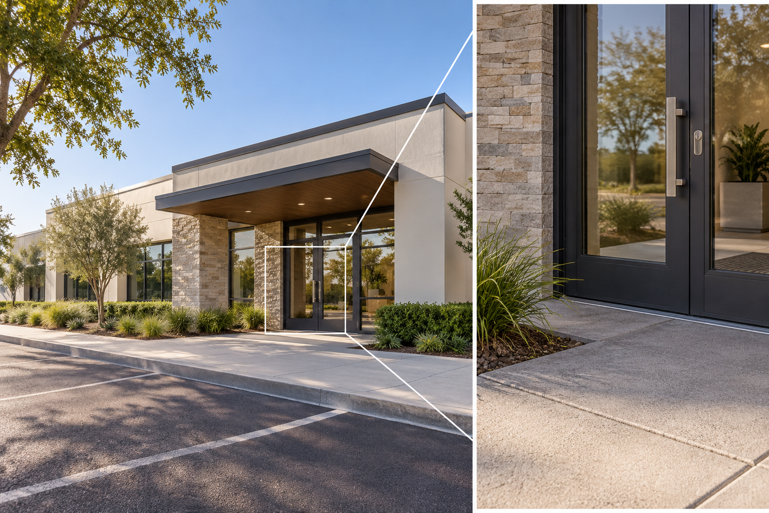 Conceptual wide view of a building entrance with a linked closer detail view