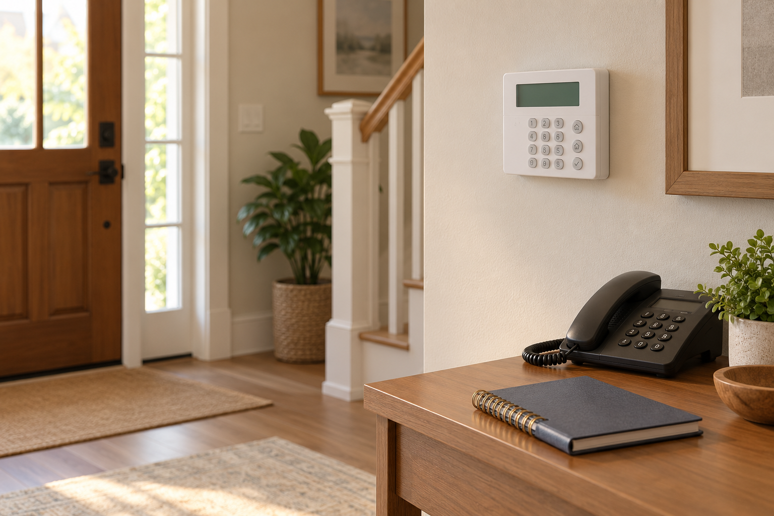 Conceptual home entry with an alarm keypad, telephone, and contact notebook