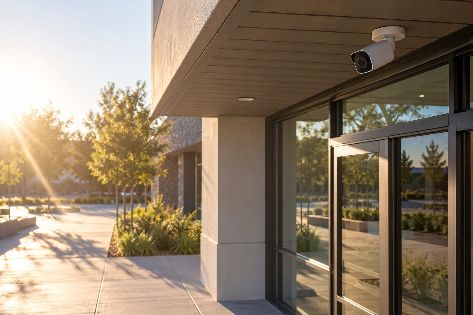 Conceptual exterior camera facing a bright late-afternoon entrance scene